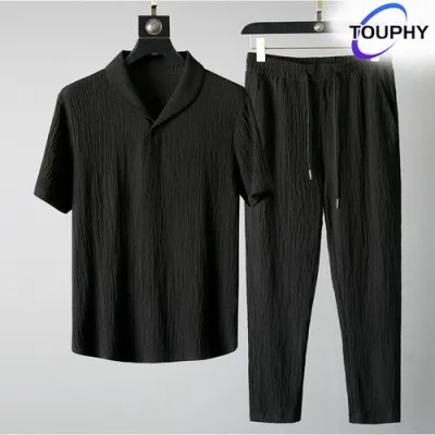 TOUPHY Ensemble manches courtes et pantalon à texture unie – Tissu texturé confortable, tenue quotidienne minimaliste