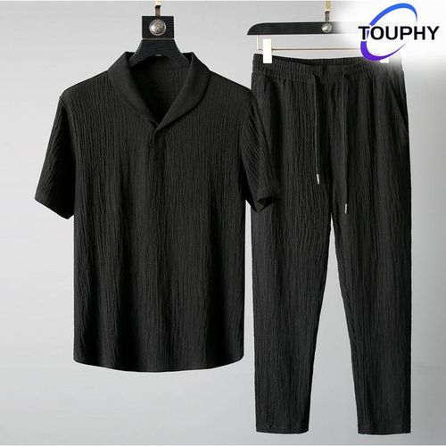 TOUPHY Ensemble manches courtes et pantalon à texture unie – Tissu texturé confortable, tenue quotidienne minimaliste