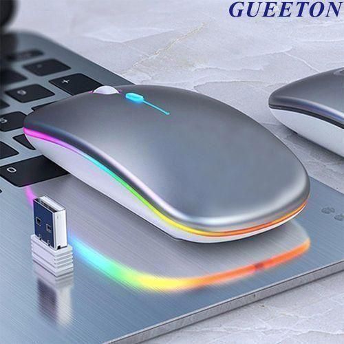 GUEETON Souris sans fil ultra-mince 2.4G Bluetooth double mode rechargeable argent