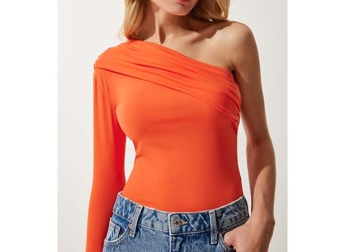 Chemisier Femme Orange Asymétrique en Maille Froncée