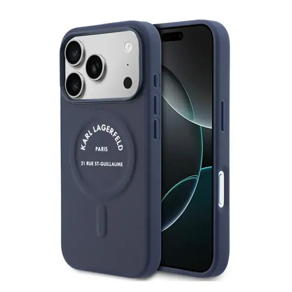 Coque Karl Lagerfeld pour iPhone 17 Pro – MagSafe, Polyuréthane et Boutons Logo RSG, Bleu Marine